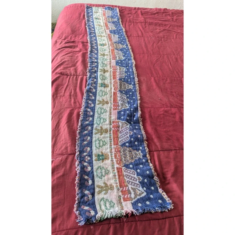 Vintage Christmas Tapestry Table Runner Gingerbread Winter Village Fringe 64in‎